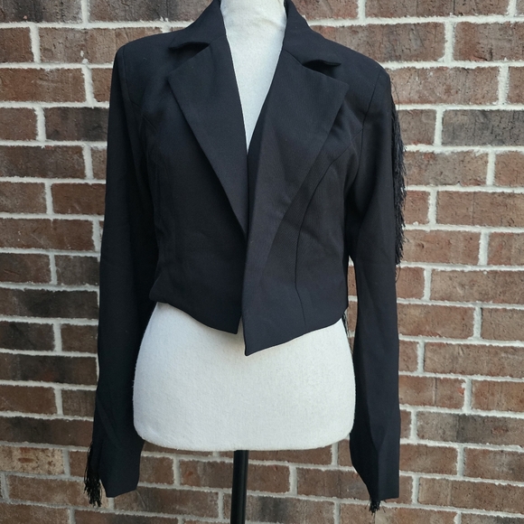 Black Cropped Blazer with Fringe Sz M - Picture 2 of 10